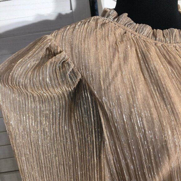 Joie Shimmer Blouse Smocked Waist Long Sleeve Chiffon Silver Gold Metallic Sz L - Picture 10 of 12